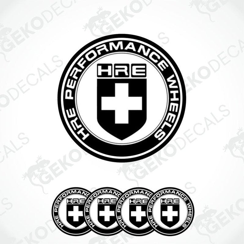A set of four black vinyl stickers with the HRE Performance Wheels logo, which includes a cross and the brand name.