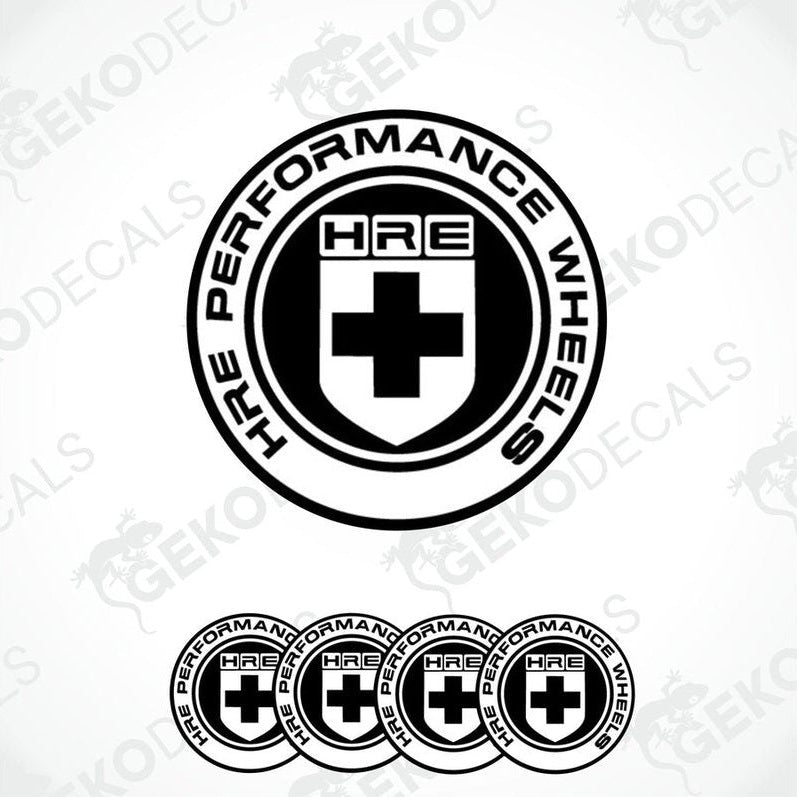 A set of four vinyl decals with a polyurethane coating featuring a circular design with the text 'HRE PERFORMANCE WHEELS' and a cross emblem.