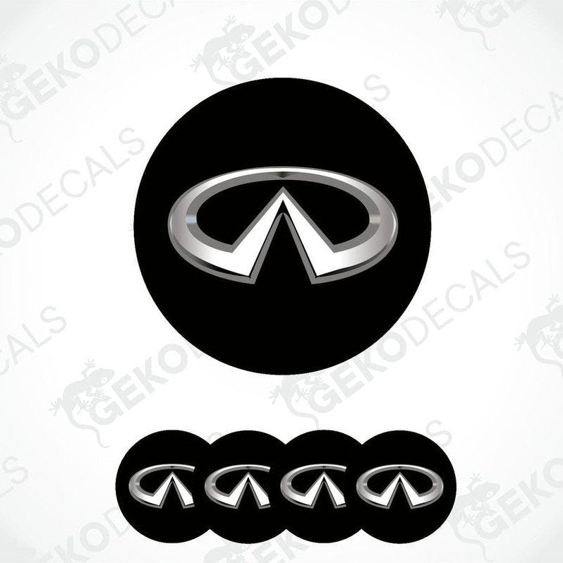 A set of four black vinyl stickers with the INFINITI logo printed on them.