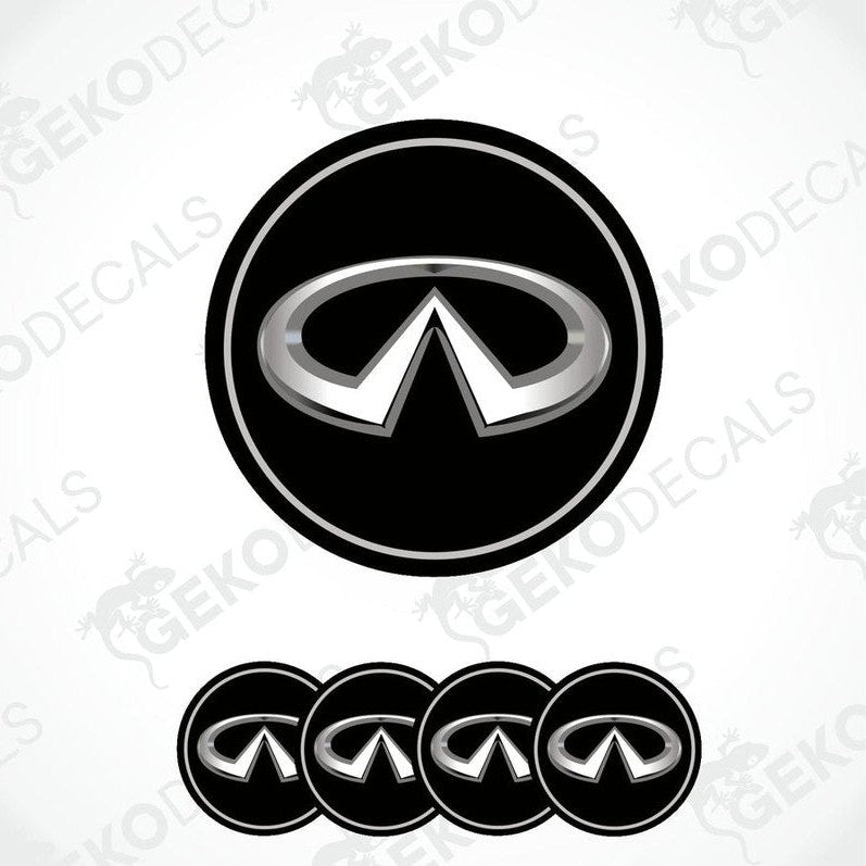 A set of four black vinyl stickers with a geometric pattern and the INFINITI logo on each sticker.