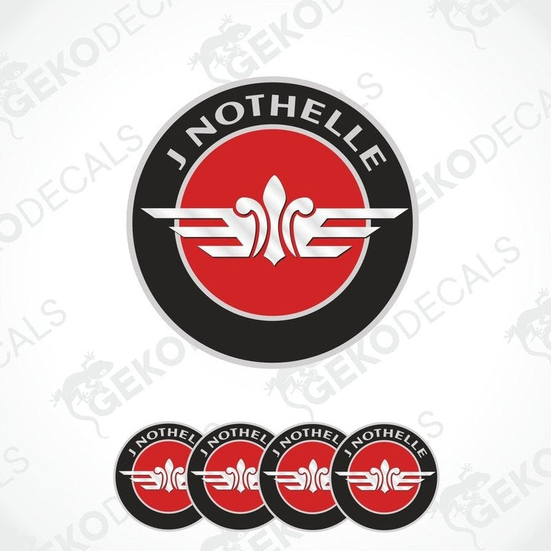 A set of four round vehicle decals with a red and white design and the brand name 'J Notthelle' and a logo.