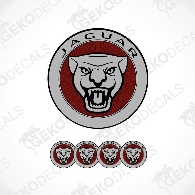 A set of vinyl decals featuring a Jaguar logo with a red and silver color scheme, including four dome-shaped stickers.