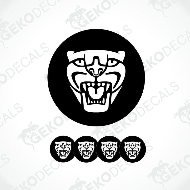 A set of four black vinyl stickers with a white jaguar decal design, displayed against a white background.
