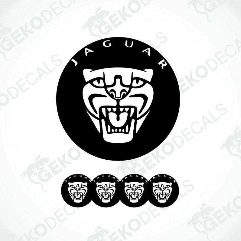 A set of black and white vinyl decals with a Jaguar logo, including four dome-shaped stickers.