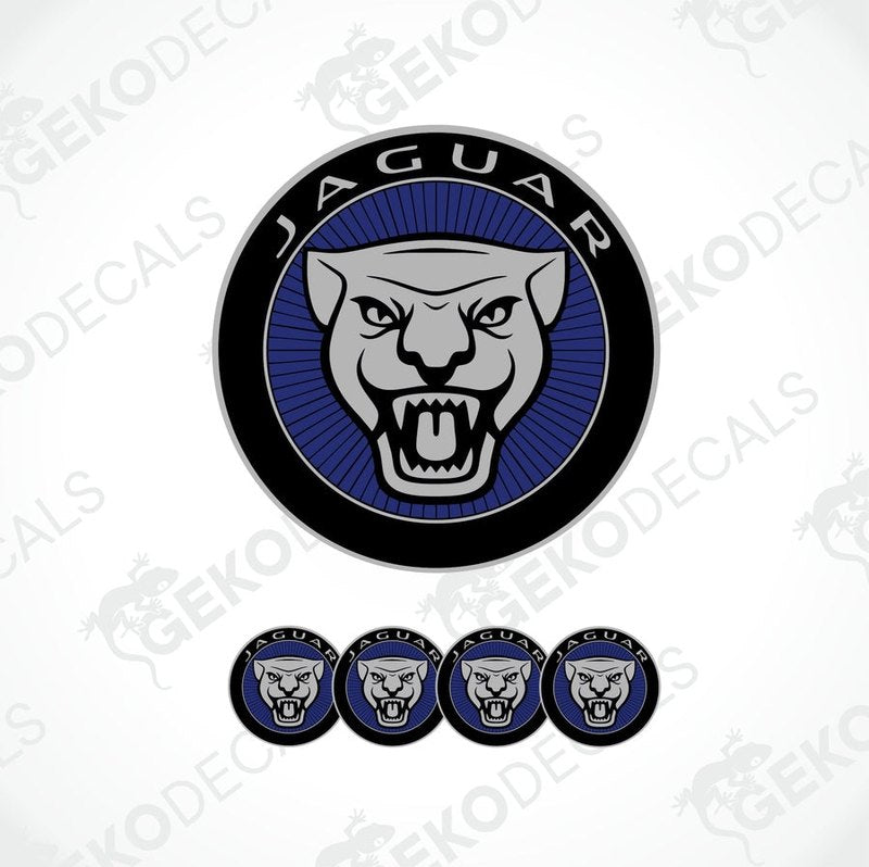 A set of four black, blue, and gray Jaguar branded vinyl stickers for car decals.
