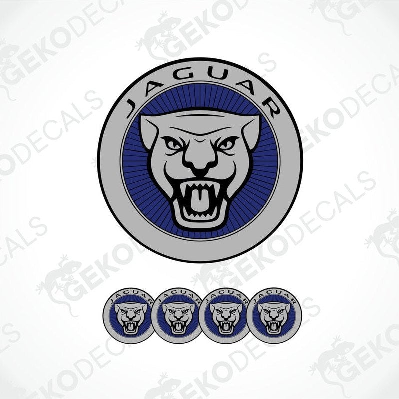 A set of four blue and grey Jaguar branded vinyl stickers with a polyurethane coating.