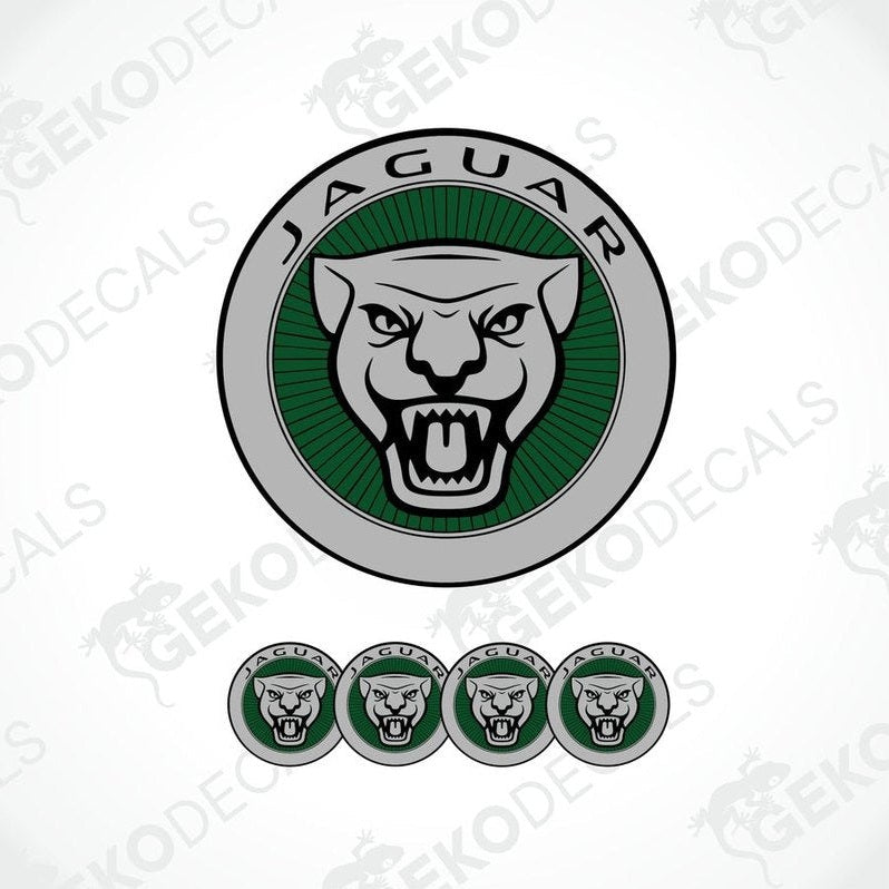 A set of four green and grey Jaguar branded vinyl stickers with a polyurethane coating.