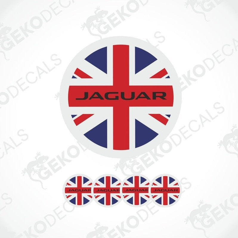 A set of four red, white, and blue vinyl stickers with a Jaguar logo design, displayed on a white background.