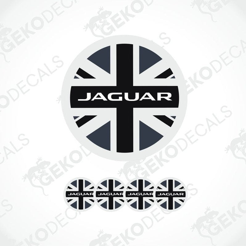 A set of four black, white, and grey vinyl stickers with a Jaguar logo design, displayed on a white background.