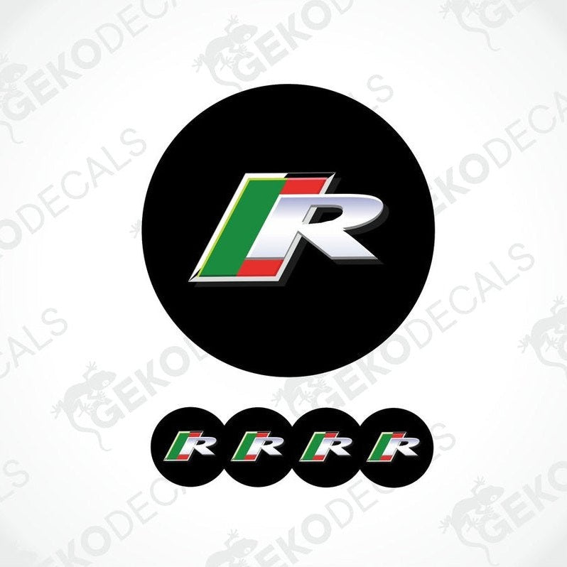 A set of four vinyl decals with a polyurethane coating, featuring a green, red, white, and black color scheme and the letter Jaguar 'R'.