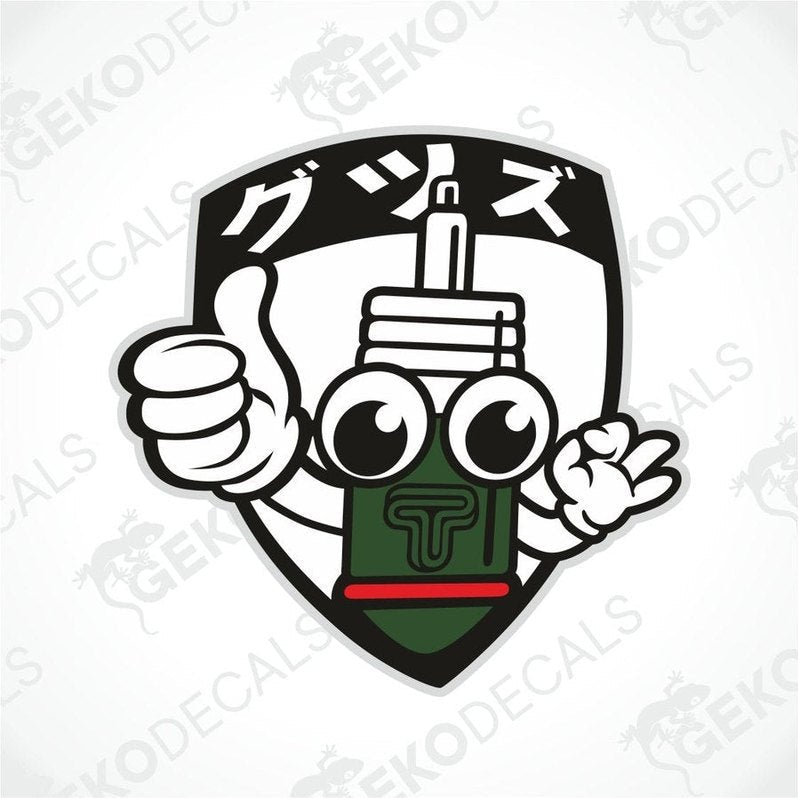 A car decal featuring a cartoon character with a thumbs up gesture, predominantly green and white with black text.