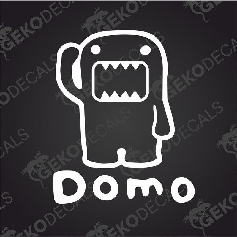 A car decal featuring a graphic of the character Domo in white color with the name 'Domo' written in lowercase beside it.