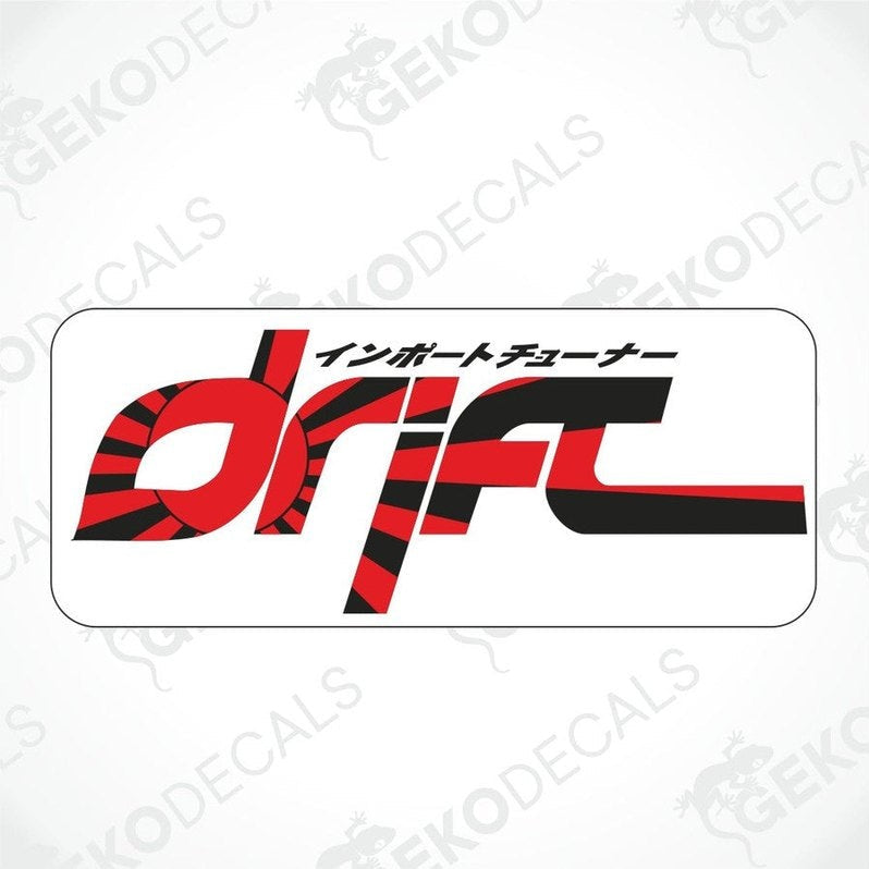 A red, black, and white car decal with the word 'DRIFT' in a stylized font.