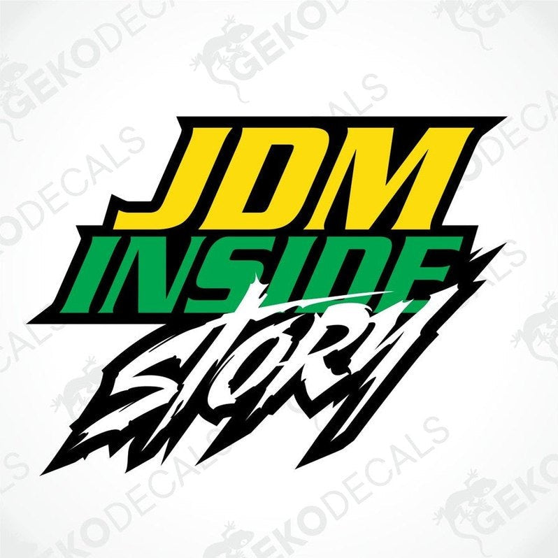 A sticker with a yellow, green, and black design featuring the text 'JDM INSIDE STORY'.