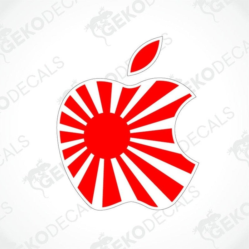 Red and white color apple illustration with inside japanese rising sun.