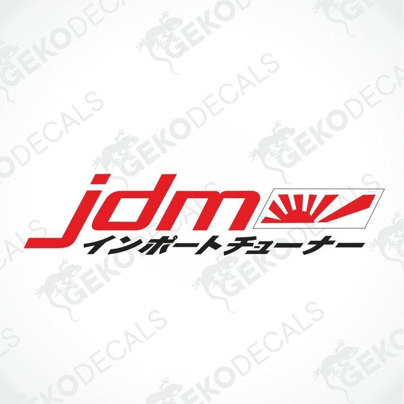 A red, white, and black car decal with the JDM Japanese rising sun design.