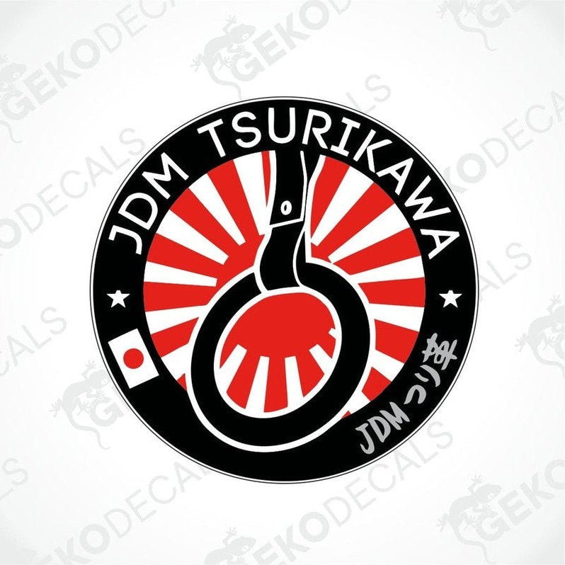 A round JDM decal with text JDM TSURIKAWA and Japanese flag.