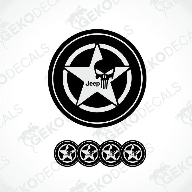 A set of four black vinyl stickers with a JEEP logo and a punisher star design.