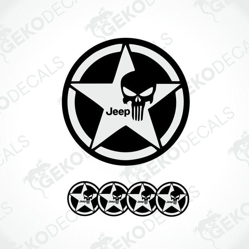 A set of four black vinyl stickers with a JEEP logo and a punisher star design.