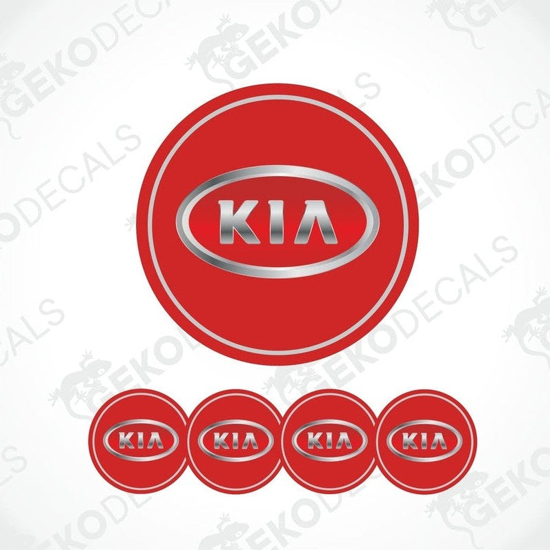 A set of four red vinyl decals with the KIA logo applied on a white background.