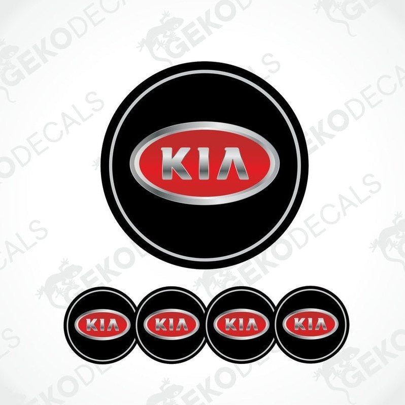 A set of four black vinyl stickers with the KIA brand logo in red and metallic grey.
