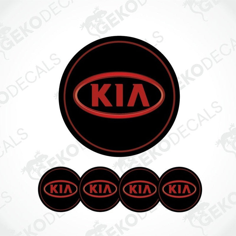 A set of four black vinyl stickers with the KIA brand logo in red.
