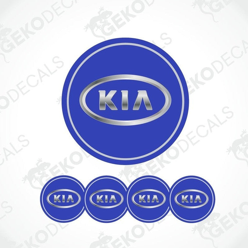 A set of four blue vinyl decals with the KIA logo, designed for use as car wheel caps.