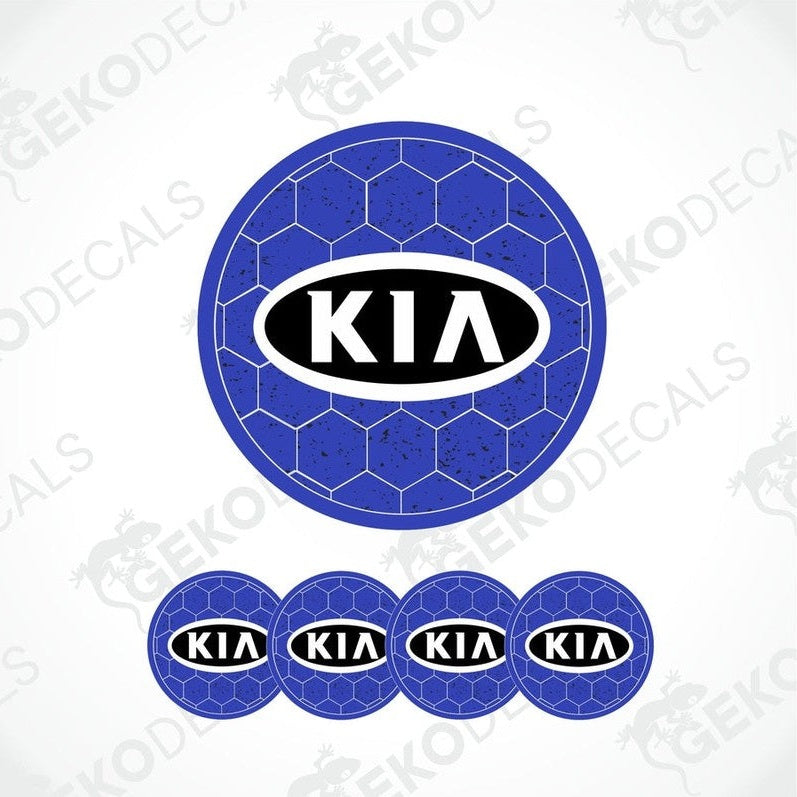 A set of four blue vinyl decals with the KIA logo, designed for use as car wheel caps.