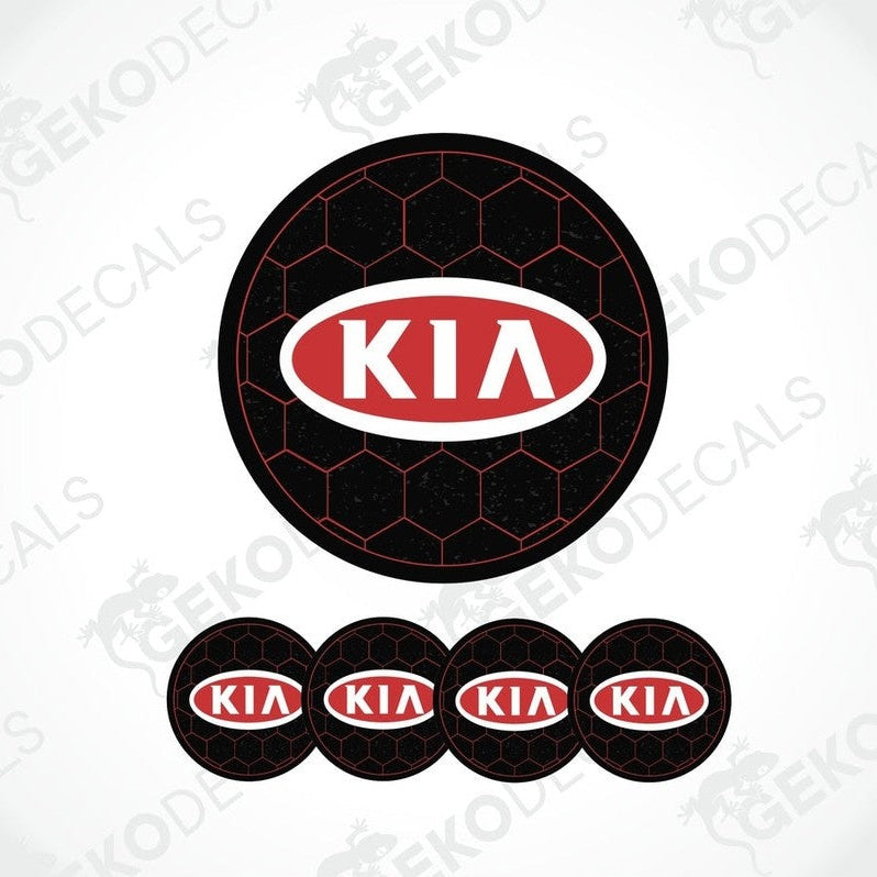 A set of four black, red, and white vinyl stickers with a KIA logo, designed for use as car decals.