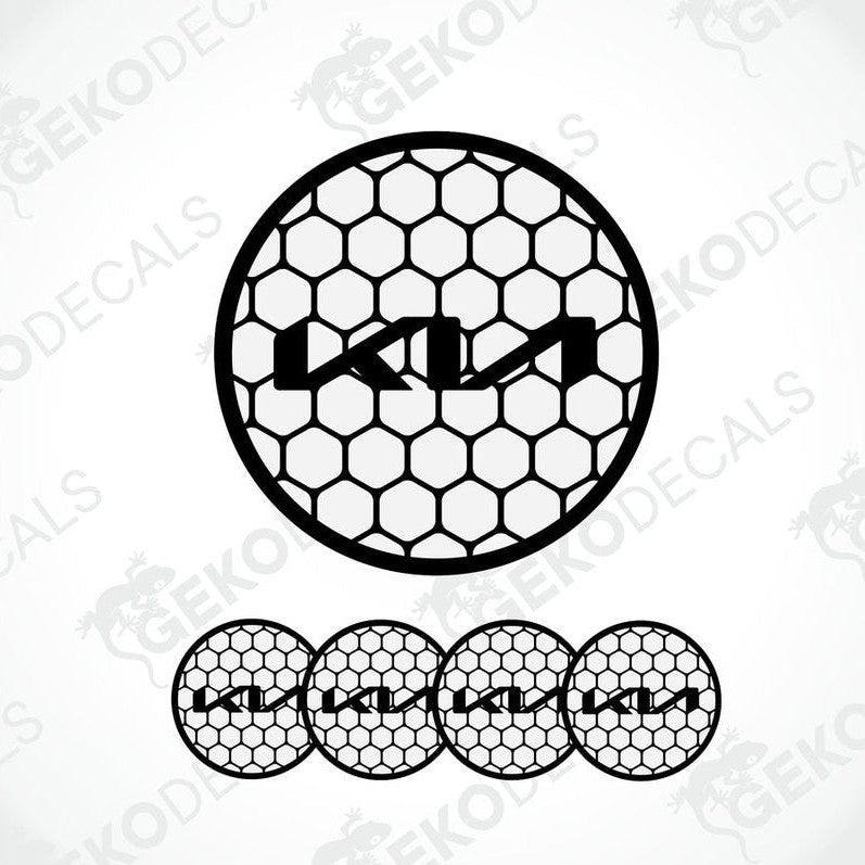 A set of four black vinyl stickers with a white KIA logo, designed for use as car decals.
