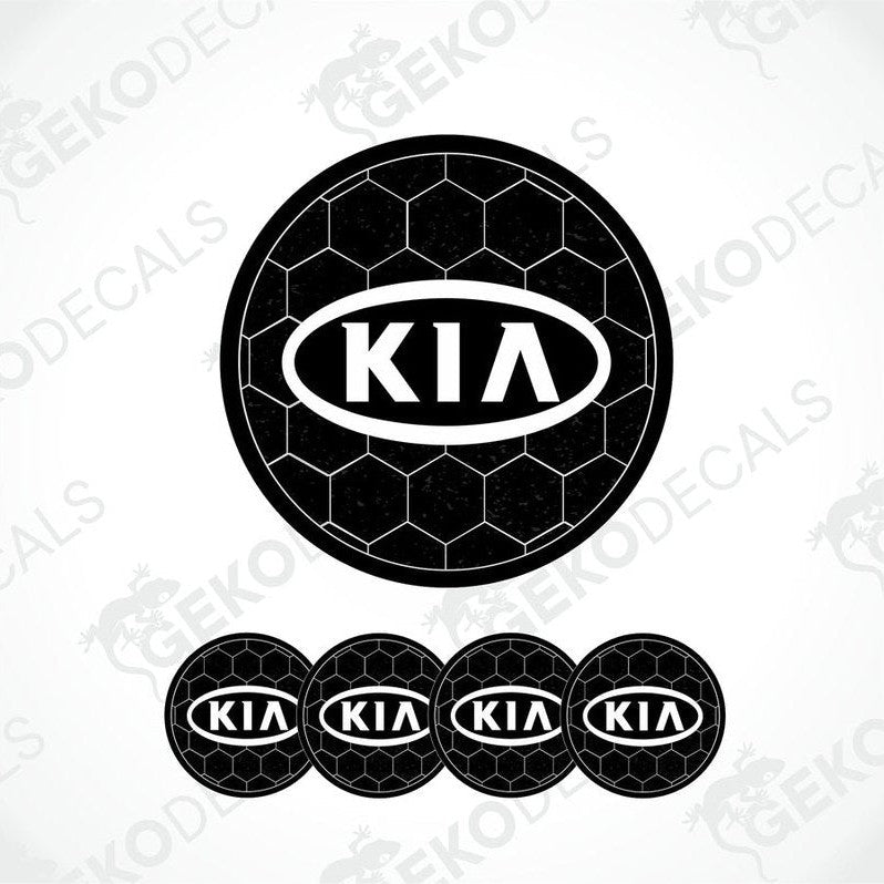 A set of four black vinyl stickers with the KIA brand logo designed to fit on car wheels.