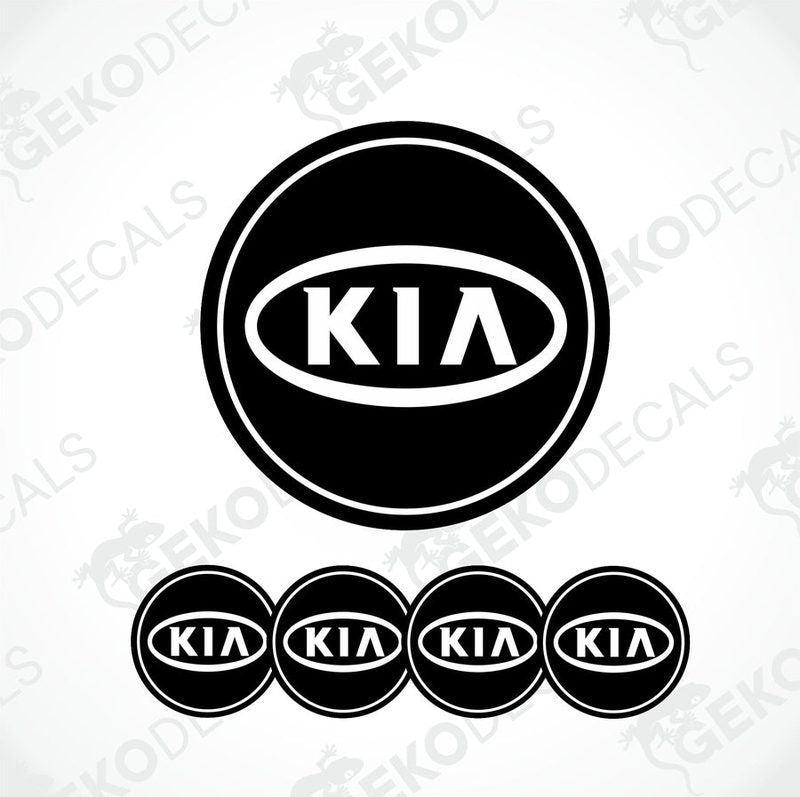 A set of four black vinyl stickers with the KIA brand logo on them.