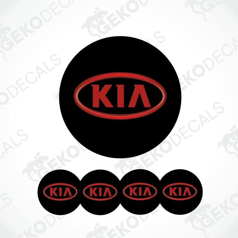 A set of four black vinyl stickers with the KIA brand logo in red.