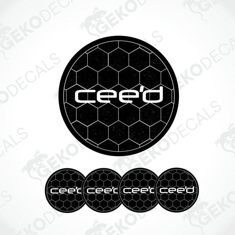 A set of four black vinyl stickers with the word 'KIA CEED' and a geometric pattern design, displayed against a white background.