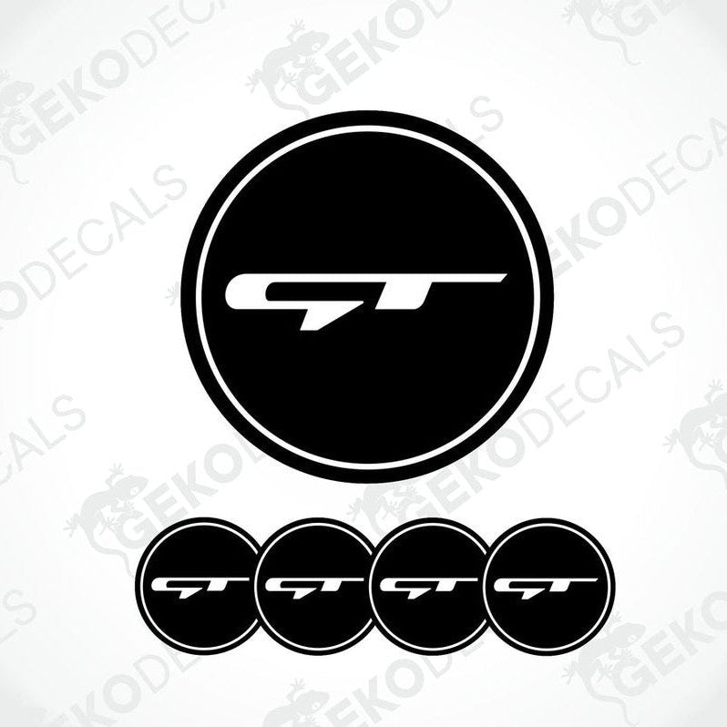 A set of four black vinyl stickers with a KIA GT logo, designed for use as car decals.