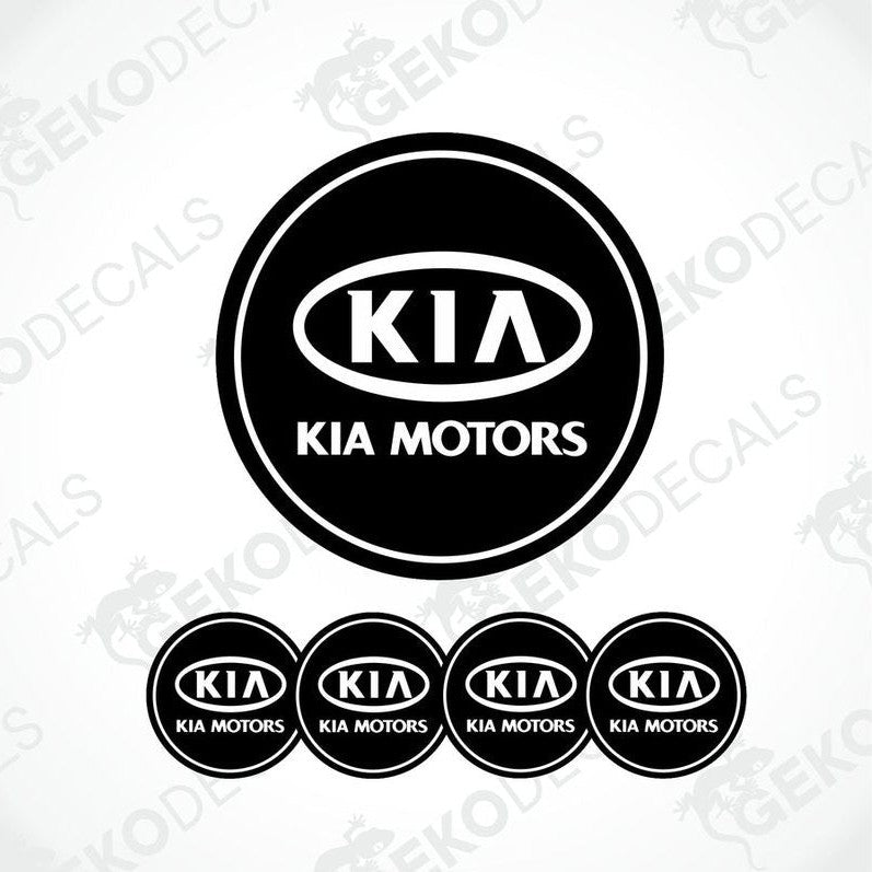 A set of four black vinyl stickers with the Kia Motors logo in white.