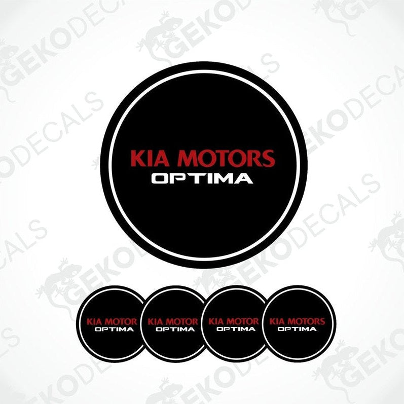 A set of four vinyl decals with polyurethane coating featuring the text 'KIA MOTORS OPTIMA'. The decals are black with red and white text and are displayed against a white background.