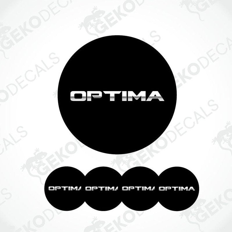 A set of four black vinyl stickers with the word 'OPTIMA' and a geometric design.