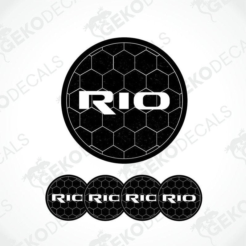 A set of four vinyl decals for a KIA RIO, with a geometric pattern and the text 'RIO' displayed prominently.