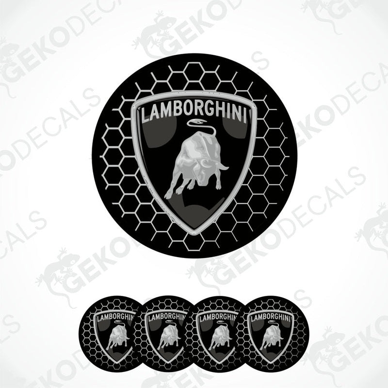 A set of four circular vinyl stickers with a black and white design featuring the Lamborghini logo and a graphic of a bull's head.