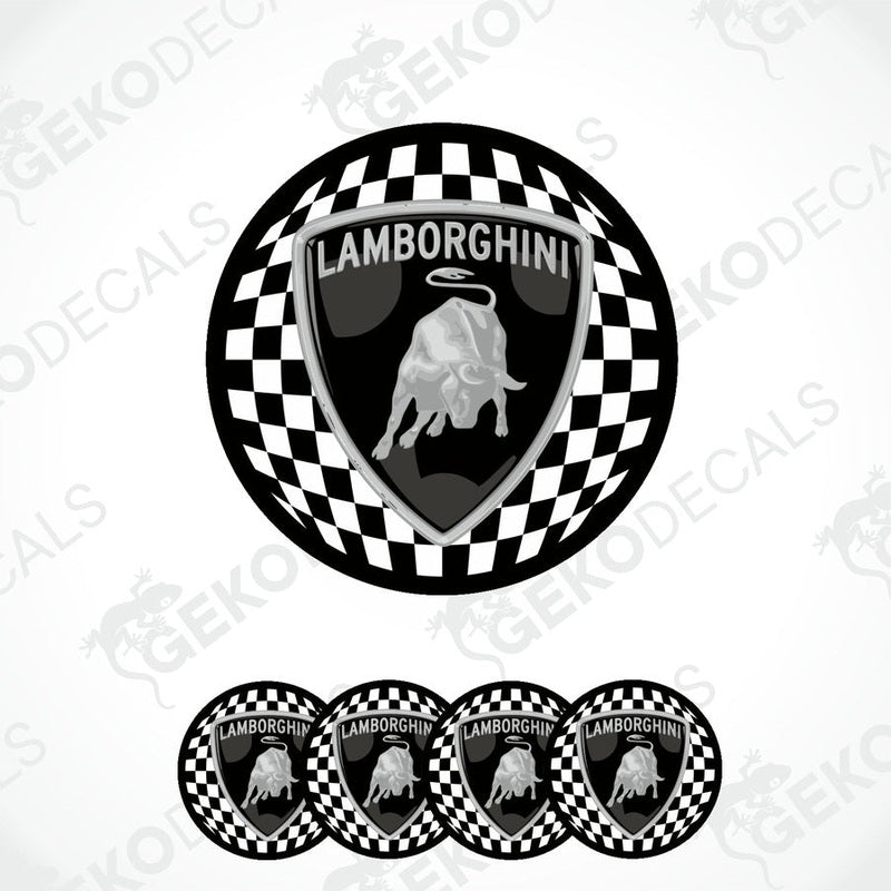 A set of vinyl decals with a polyurethane coating featuring the Lamborghini logo and a checkered pattern.