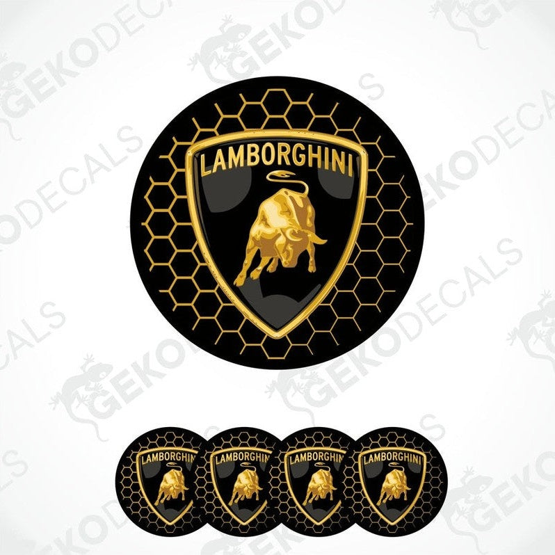 A set of four circular vinyl stickers with a black and yellow design featuring the Lamborghini logo and a graphic of a bull's head.