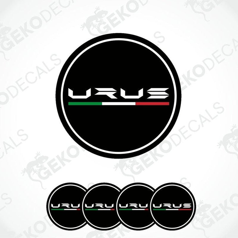 A set of vinyl decals for a LAMBORGHINI URUS, including four round stickers with the Urus logo and a red, white, and green stripe.