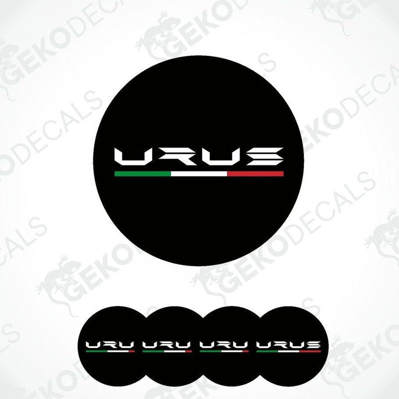 Set of four black vinyl decals with 'URUS' text and a red, green, and white stripe, indicative of the Lamborghini brand.