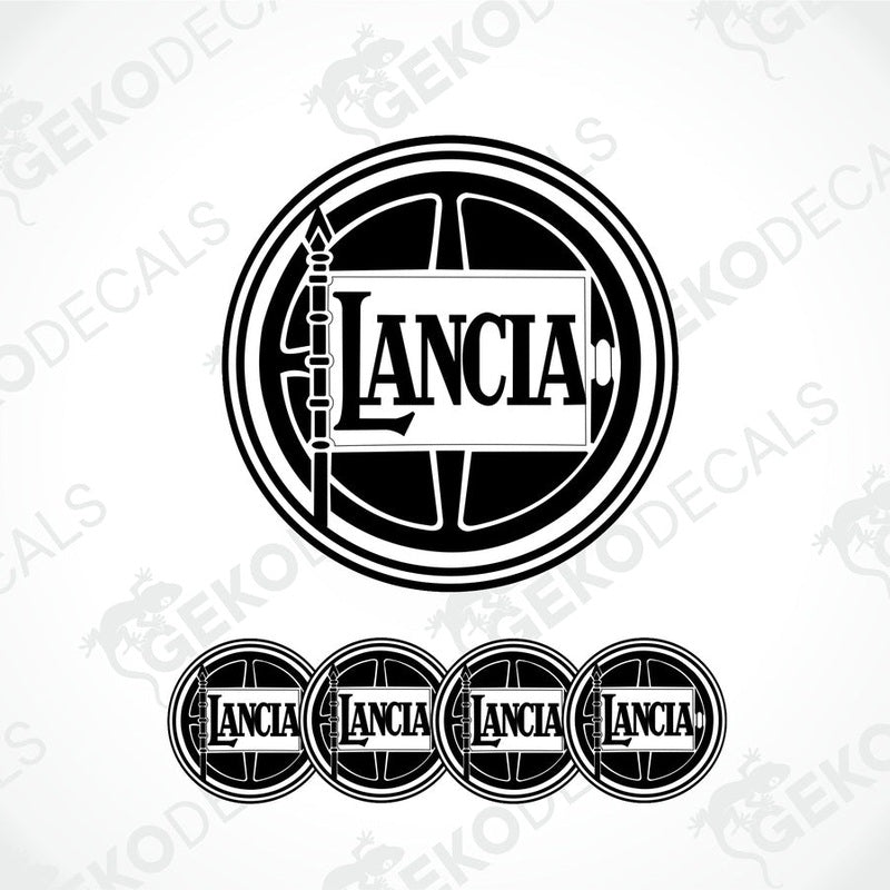 A set of black decal with the LANCIA logo, designed in a circular domed shape.
