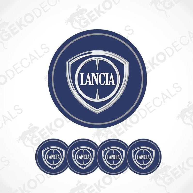 A set of four blue vinyl stickers with the LANCIA brand logo on them, designed for use as car decals.