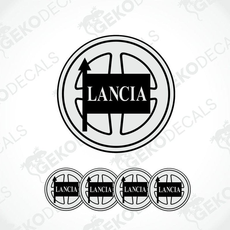 Set of four black and white vinyl decals with the LANCIA brand logo.