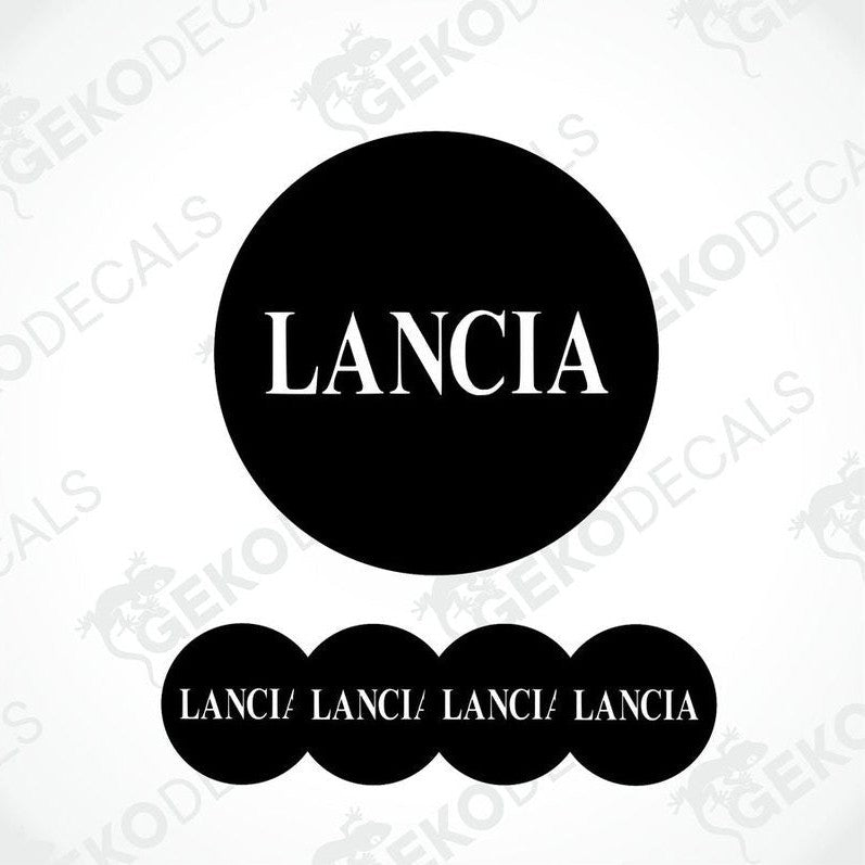 A set of four black vinyl stickers with the word 'LANCIA' printed on each, arranged in a circular pattern with a white background.