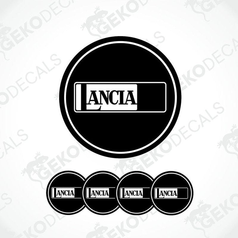 A set of four black vinyl stickers with the word 'LANCIA' printed on them, designed to be used as car decals.