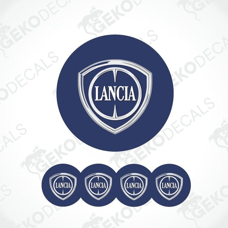 Set of four blue vinyl decals with the LANCIA logo applied on a shield shape.